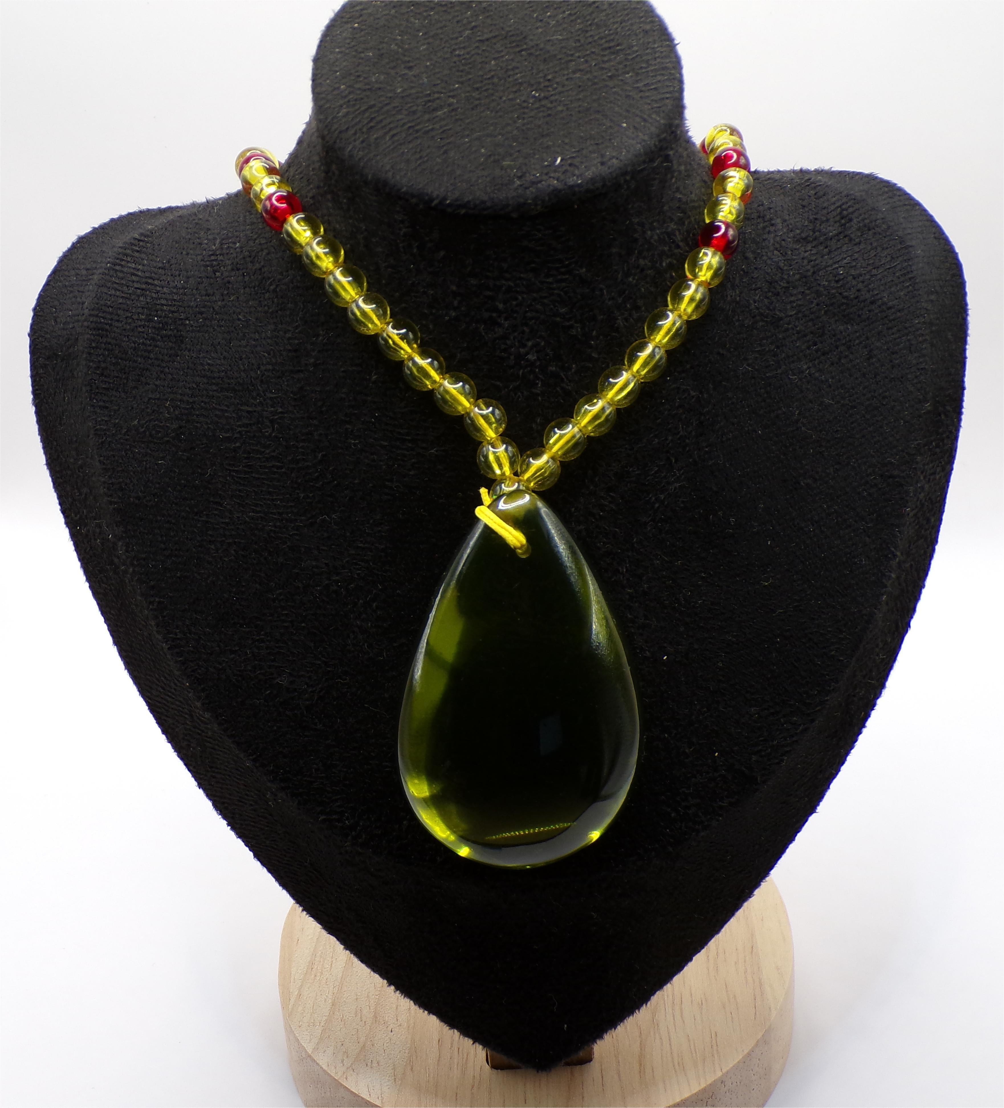 Green Necklace with Clear Beads & Teardrop Pendant