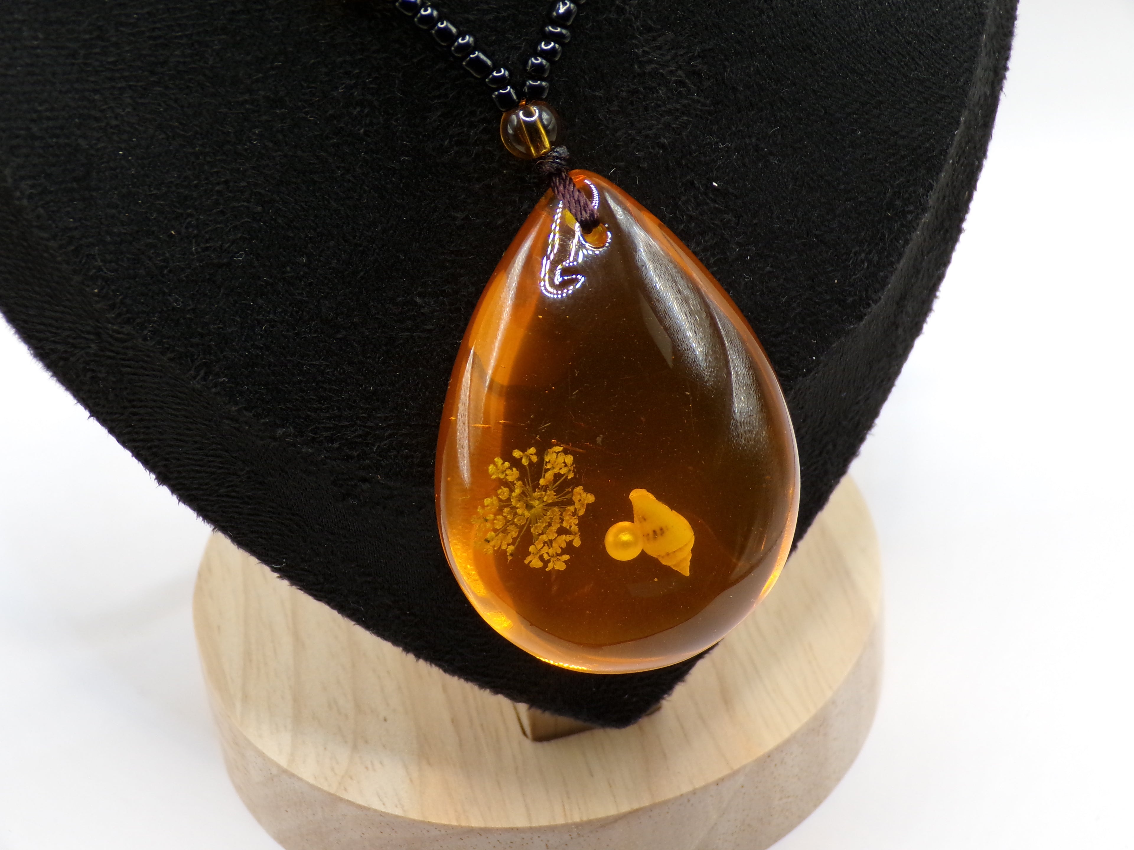 Amber-Tone Bead Necklace with Teardrop Pendant