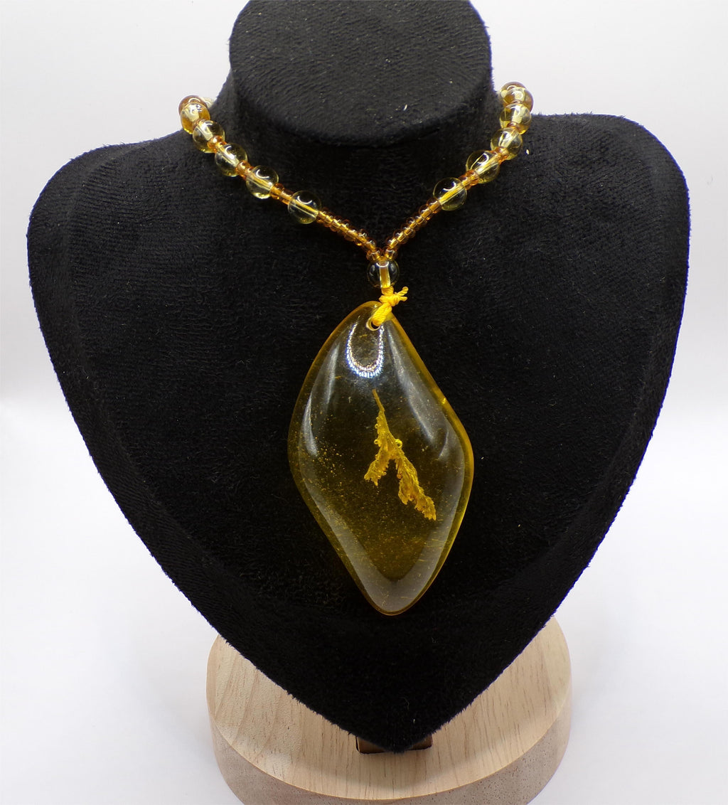 Yellow Bead Necklace with Asymmetrical Amber-Style Pendant