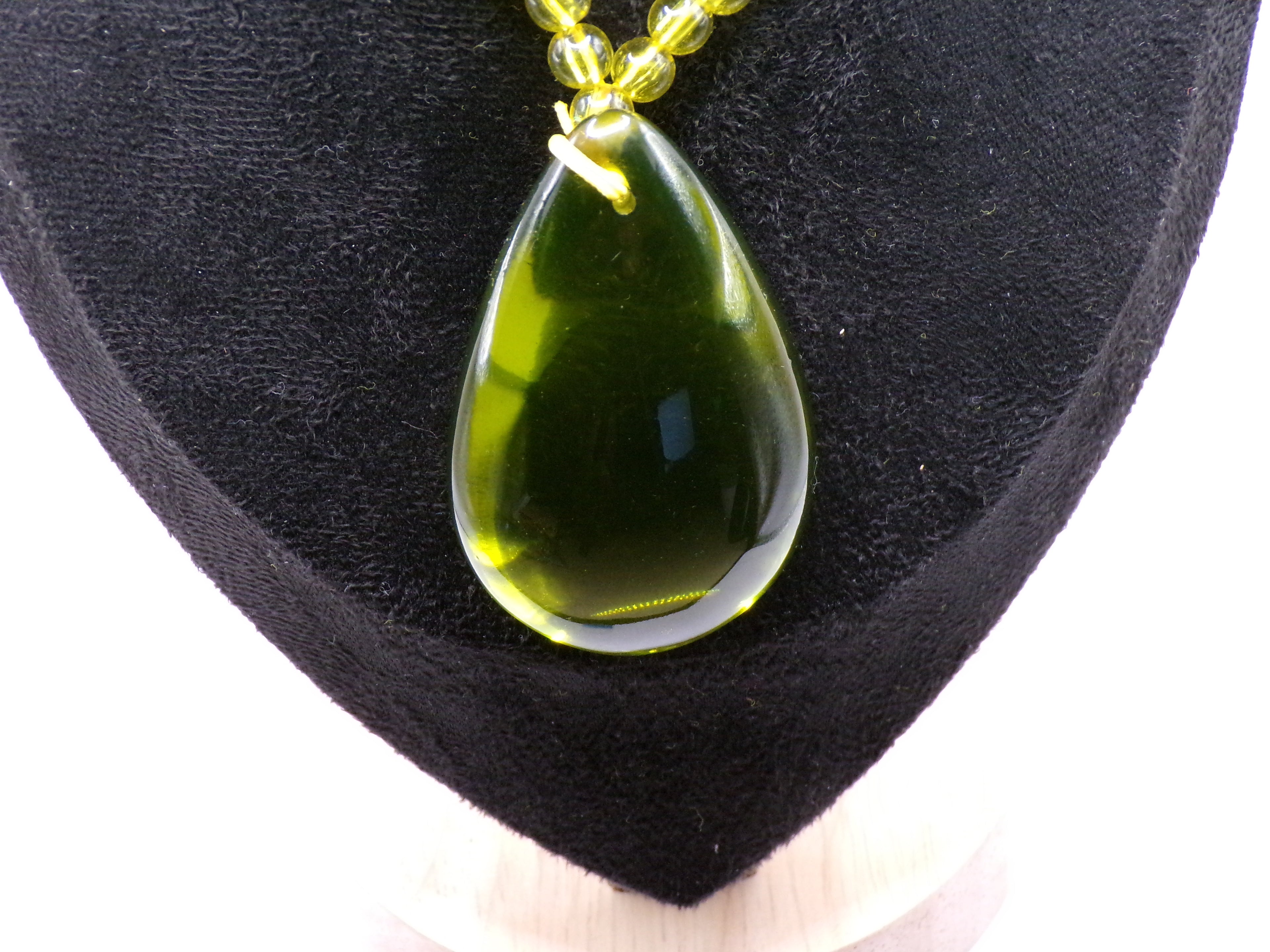 Green Necklace with Clear Beads & Teardrop Pendant