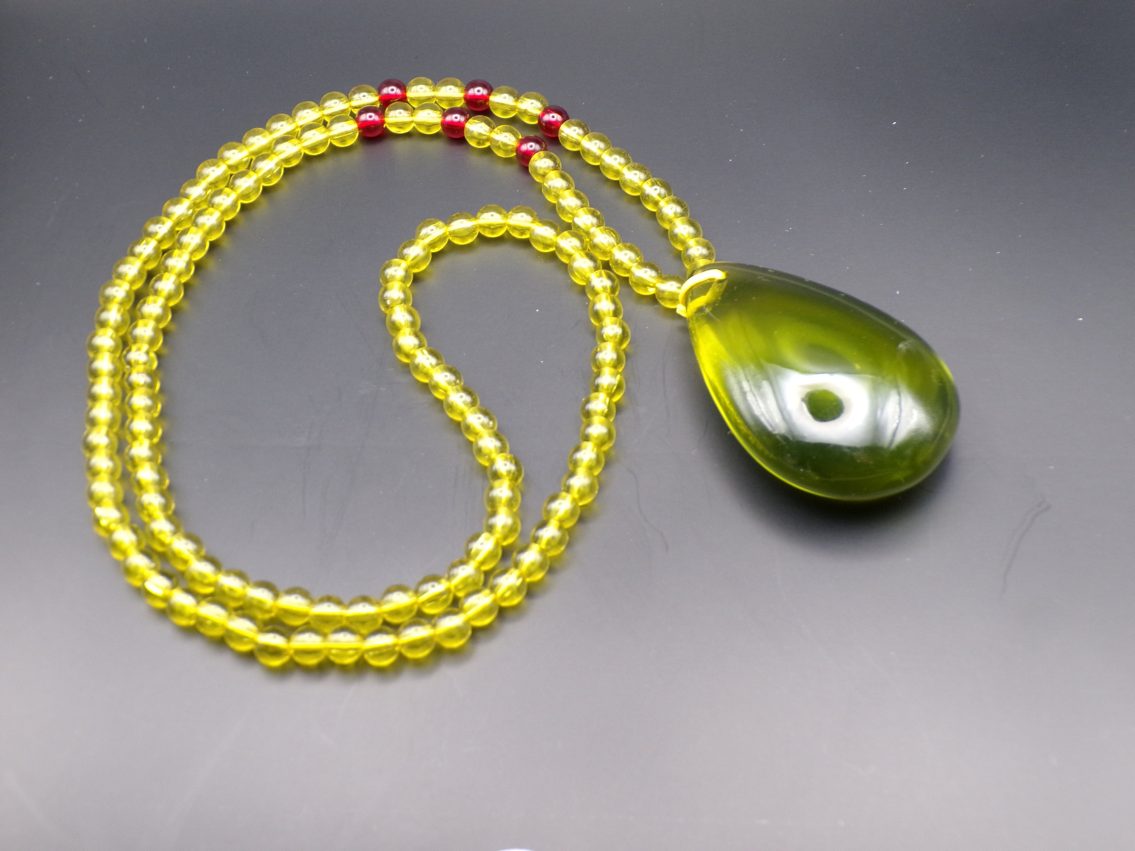 Green Necklace with Clear Beads & Teardrop Pendant