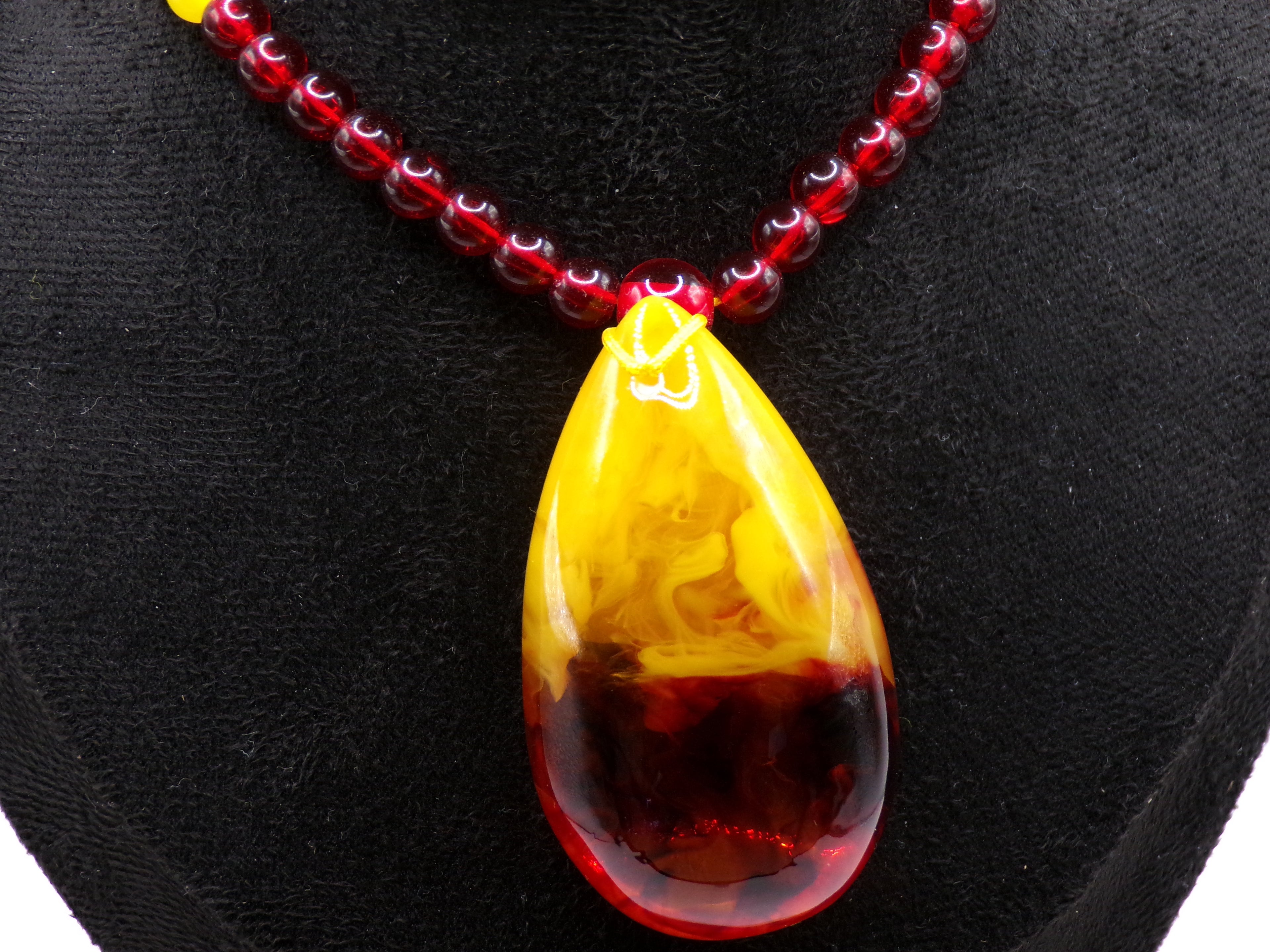 Red & Yellow Bead Necklace with Teardrop Pendant
