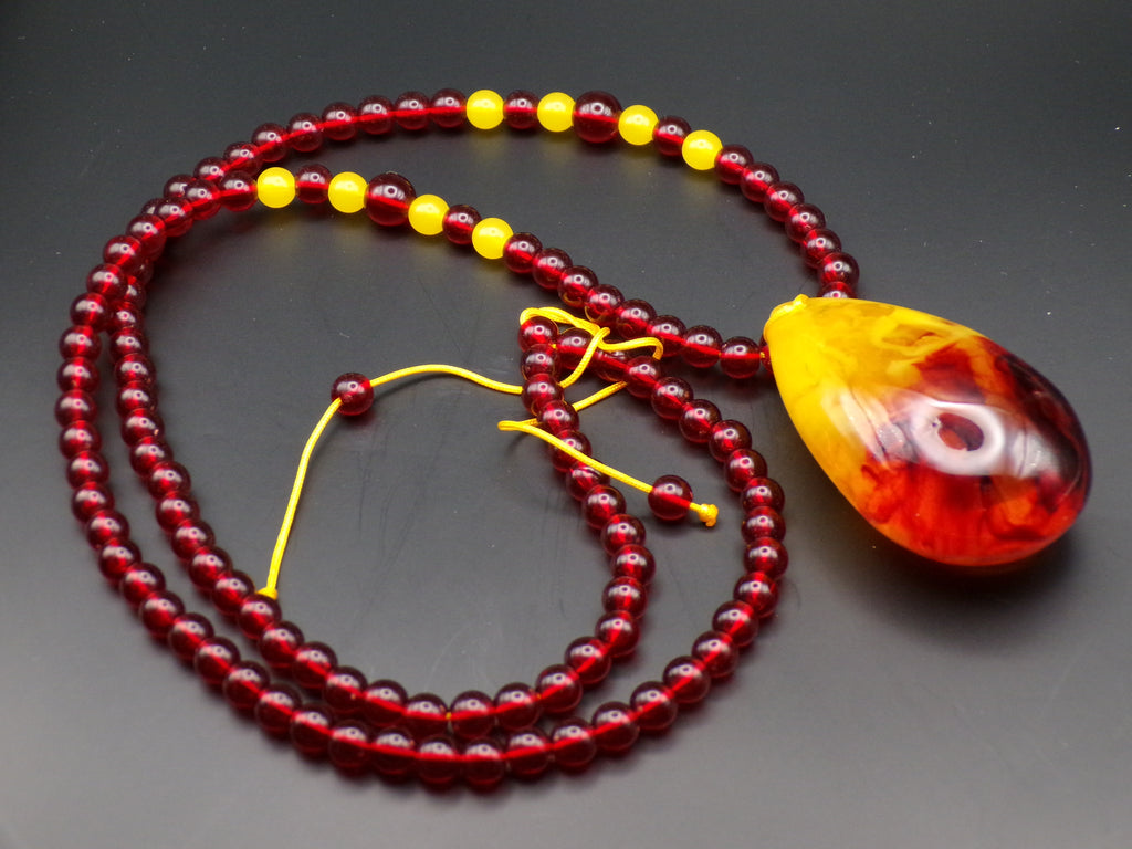 Red & Yellow Bead Necklace with Teardrop Pendant