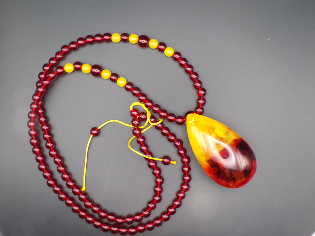 Red & Yellow Bead Necklace with Teardrop Pendant