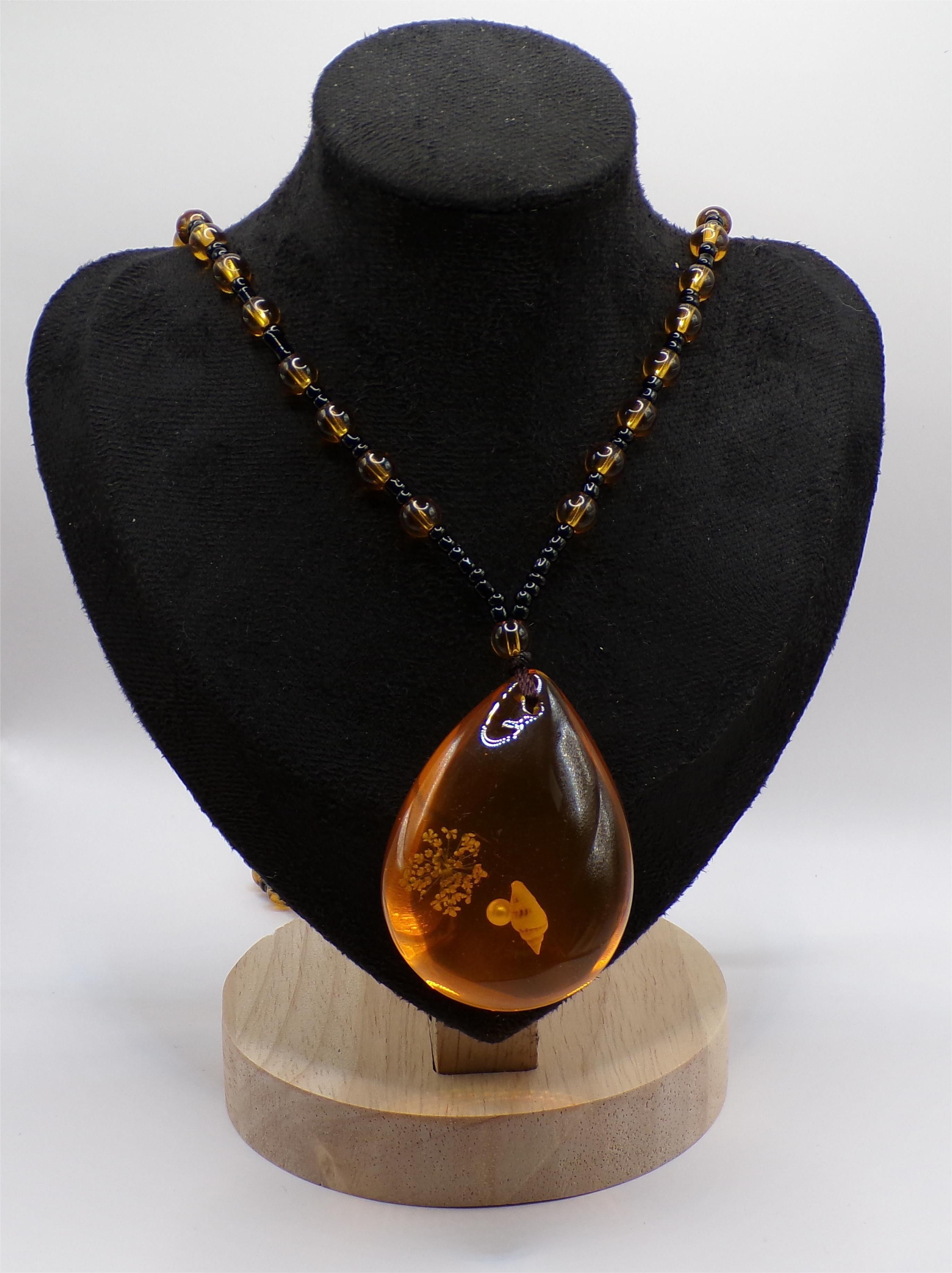 Amber-Tone Bead Necklace with Teardrop Pendant